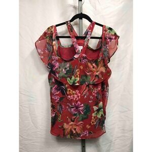 Sweet Pea by Stacy Frati Red Floral Print Sheer Ruffle Overlay Top XL